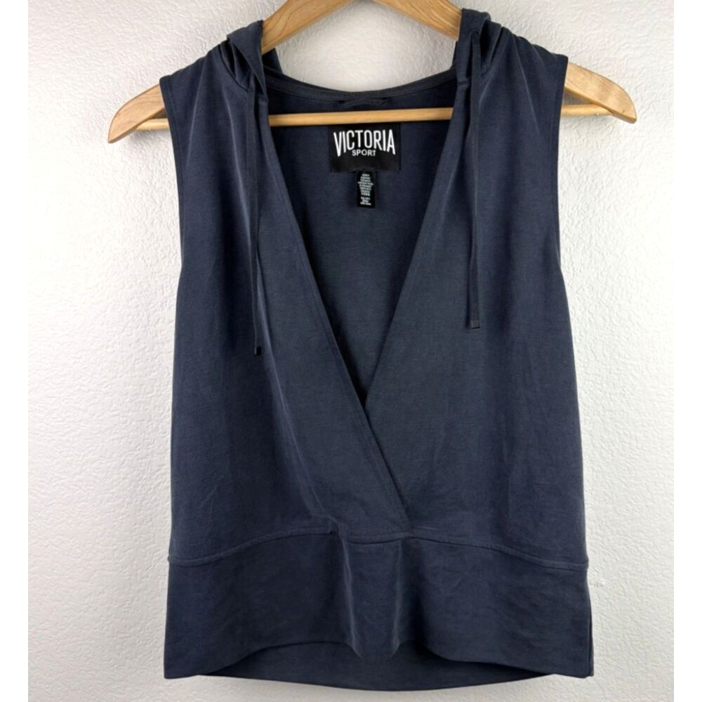 Victoria Sport Sleeveless Hoodie Vest Medium Gray / Blue Athleisure Open Front